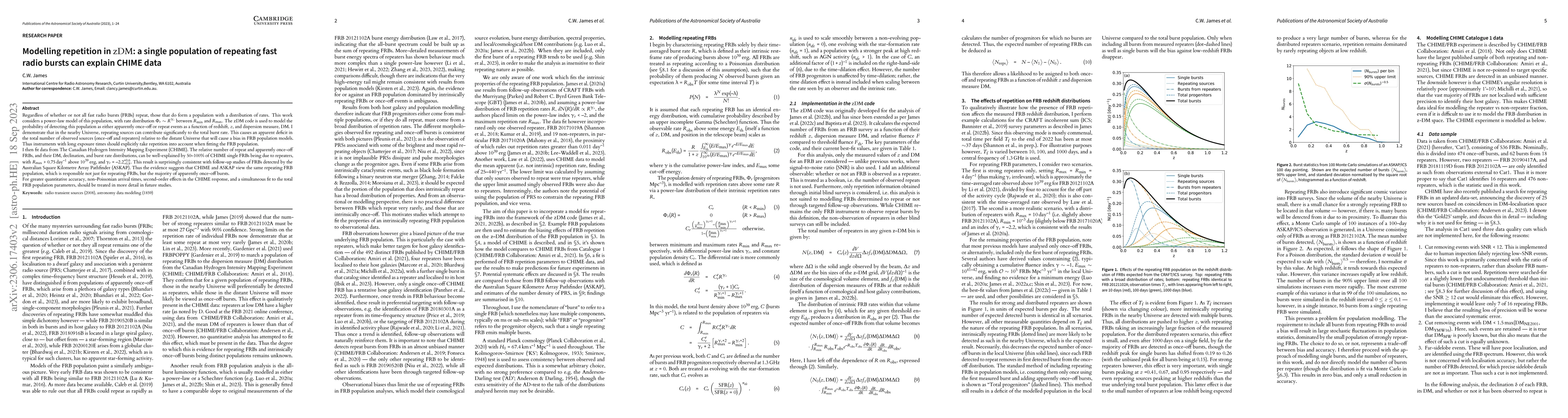 Thumbnail for Modelling repetition in zDM: a single population of repeating fast radio
  bursts can explain CHIME data