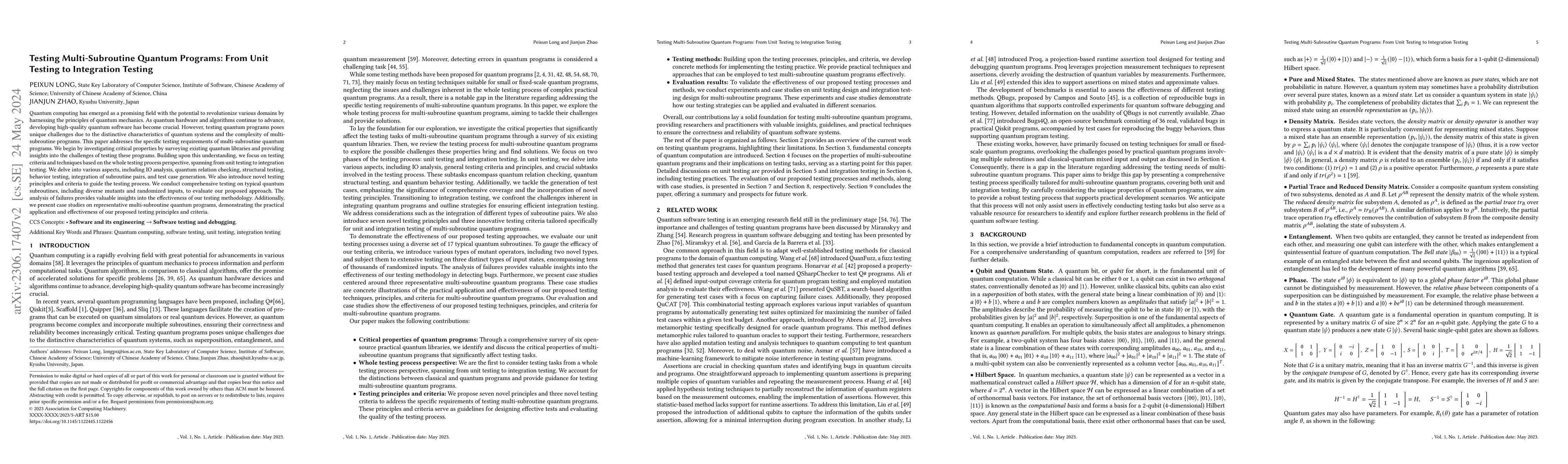Thumbnail for Testing Multi-Subroutine Quantum Programs: From Unit Testing to
  Integration Testing