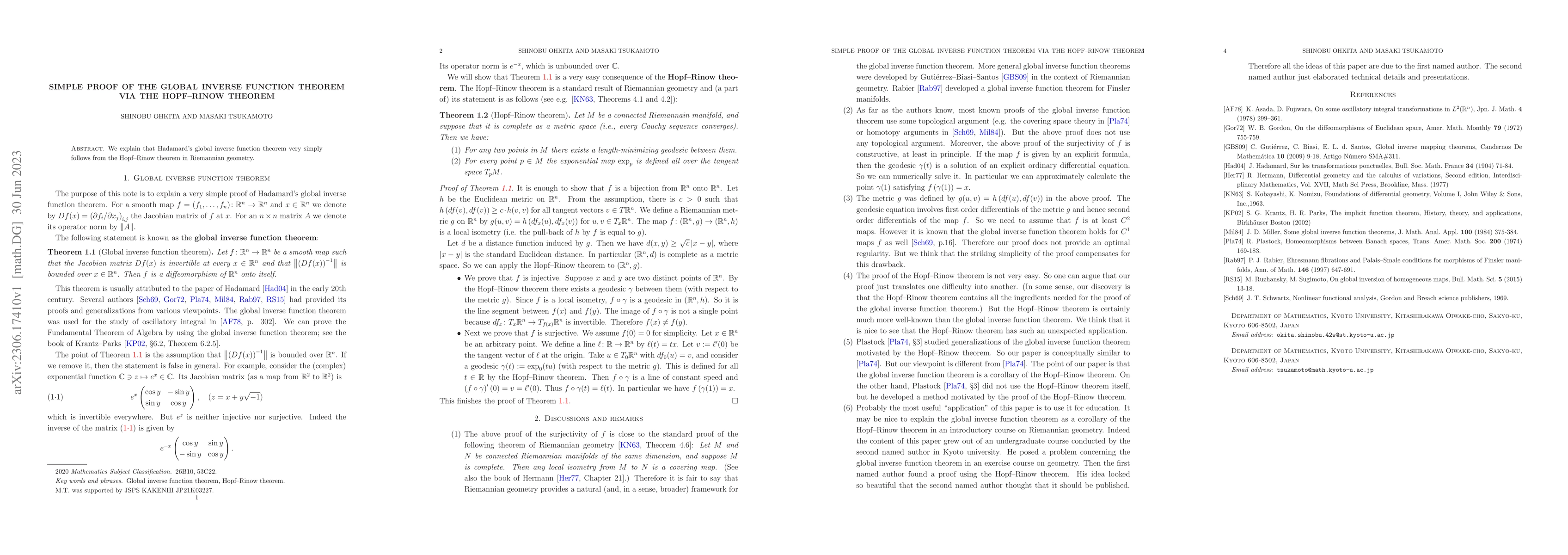 Thumbnail for Simple proof of the global inverse function theorem via the Hopf--Rinow
  theorem