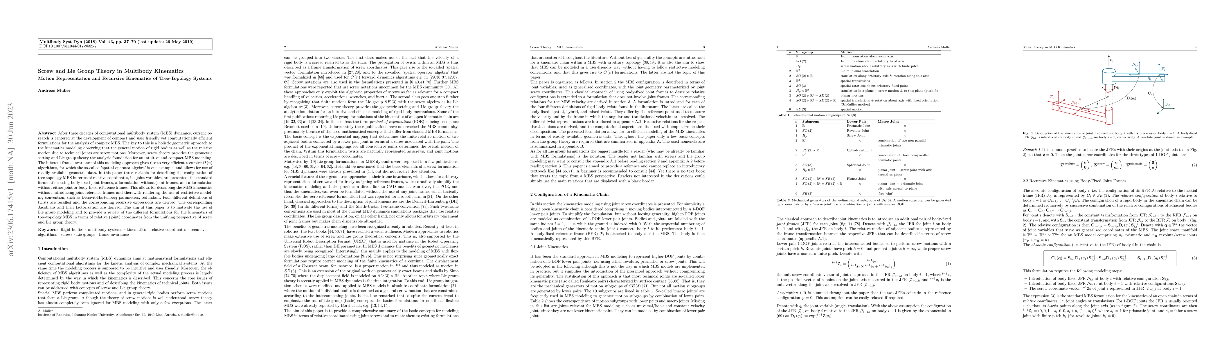 Thumbnail for Screw and Lie Group Theory in Multibody Kinematics -- Motion
  Representation and Recursive Kinematics of Tree-Topology Systems
