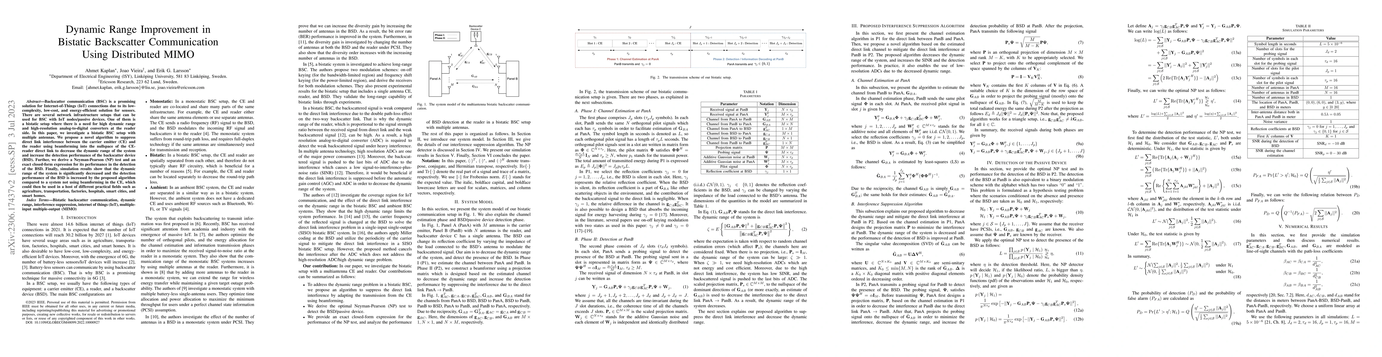 Thumbnail for Dynamic Range Improvement in Bistatic Backscatter Communication Using
  Distributed MIMO
