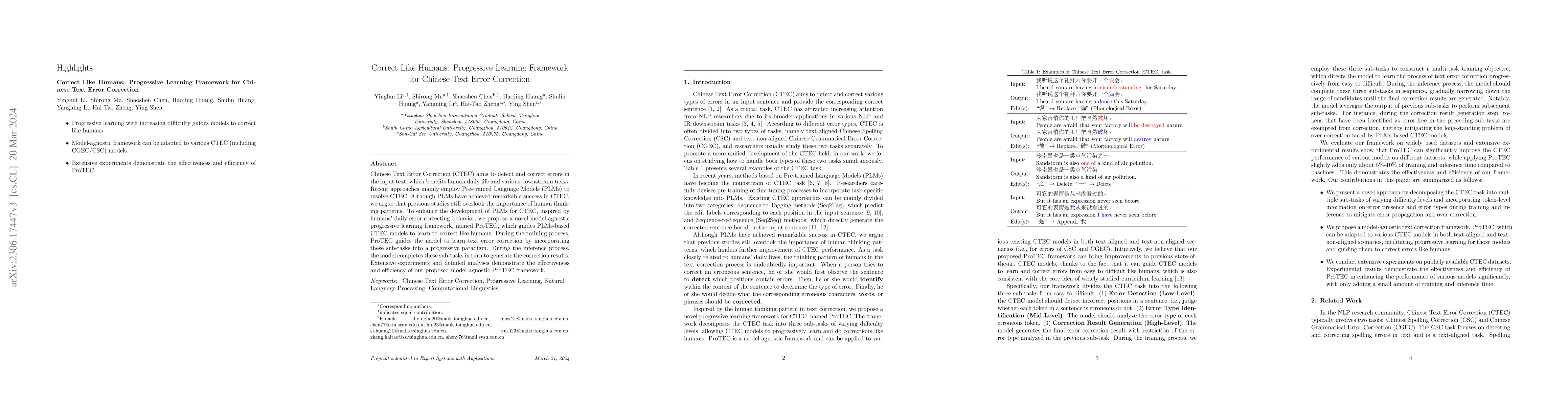 Thumbnail for Correct Like Humans: Progressive Learning Framework for Chinese Text
  Error Correction