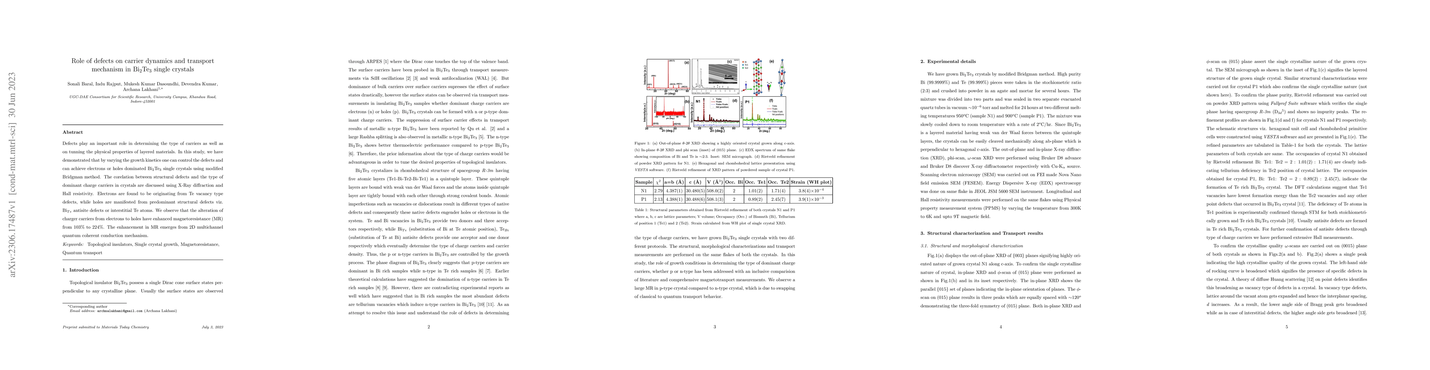Thumbnail for Role of defects on carrier dynamics and transport mechanism in Bi2Te3
  single crystals