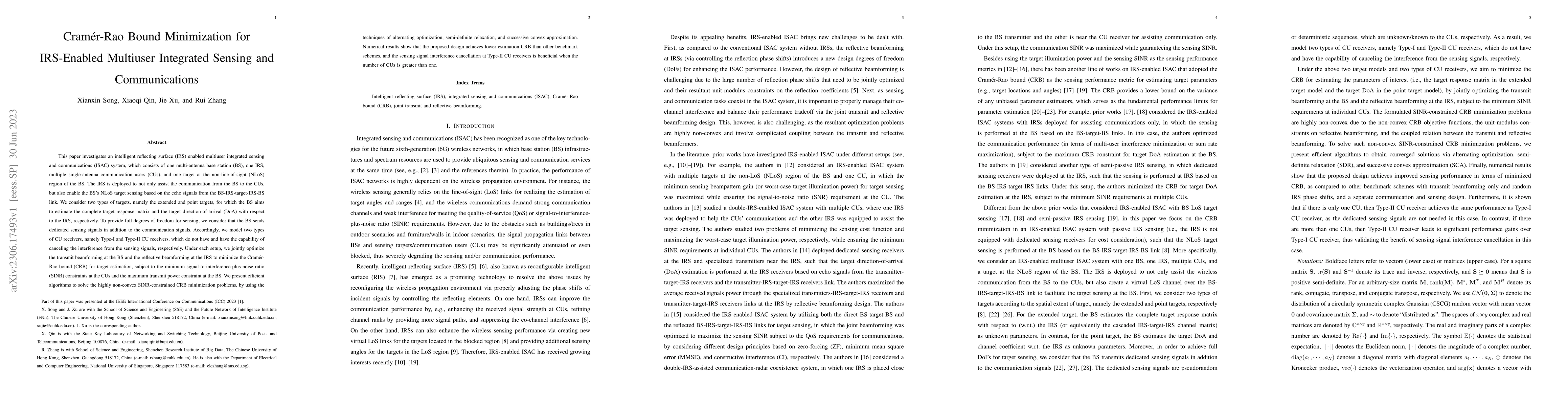 Thumbnail for Cram\'er-Rao Bound Minimization for IRS-Enabled Multiuser Integrated
  Sensing and Communications