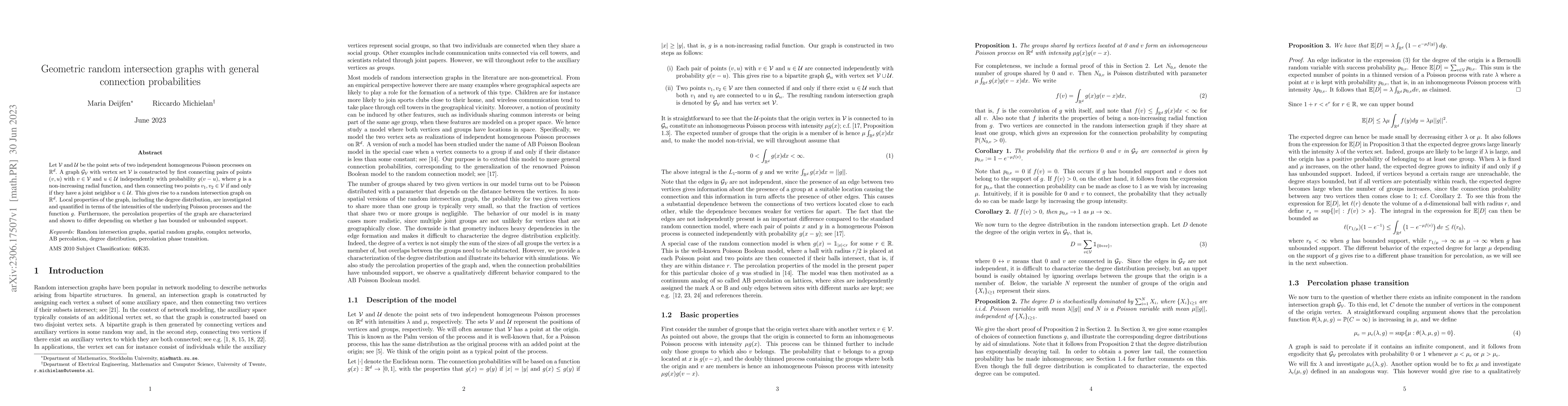 Thumbnail for Geometric random intersection graphs with general connection
  probabilities