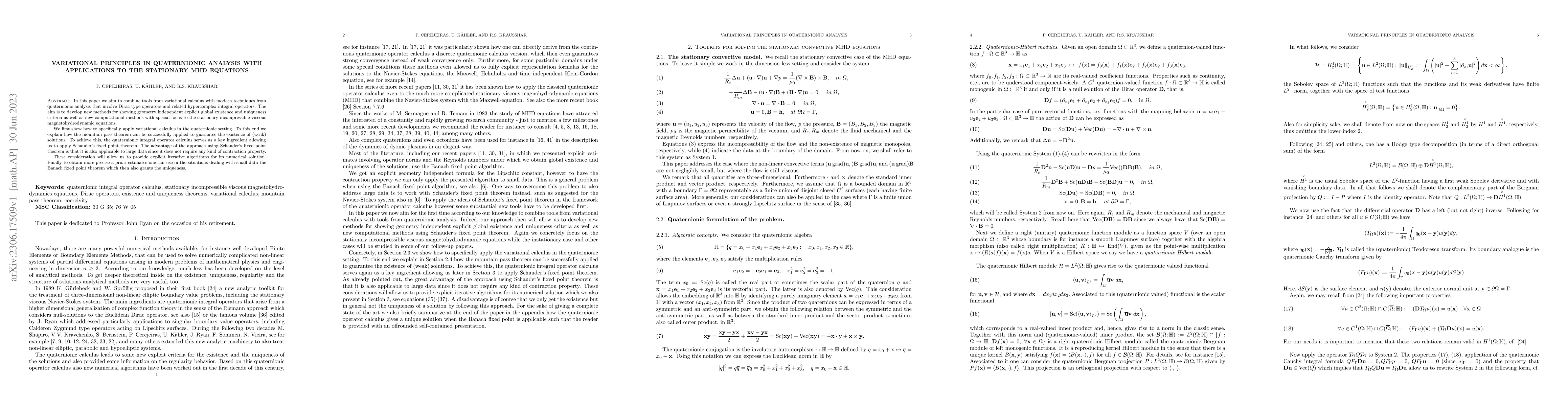 Thumbnail for Variational principles in quaternionic analysis with applications to the
  stationary MHD equations