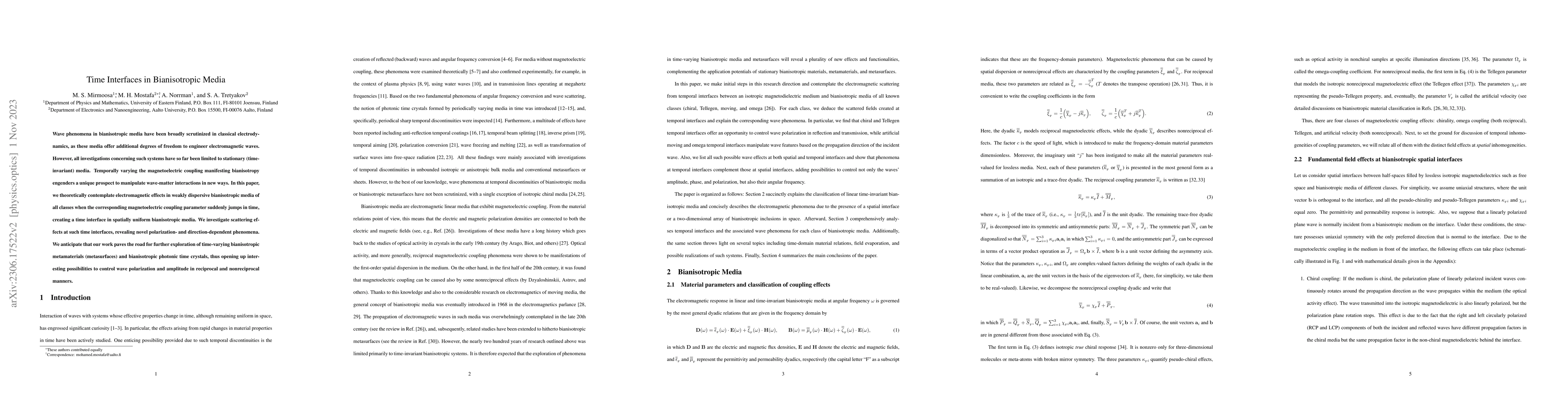 Thumbnail for Time Interfaces in Bianisotropic Media