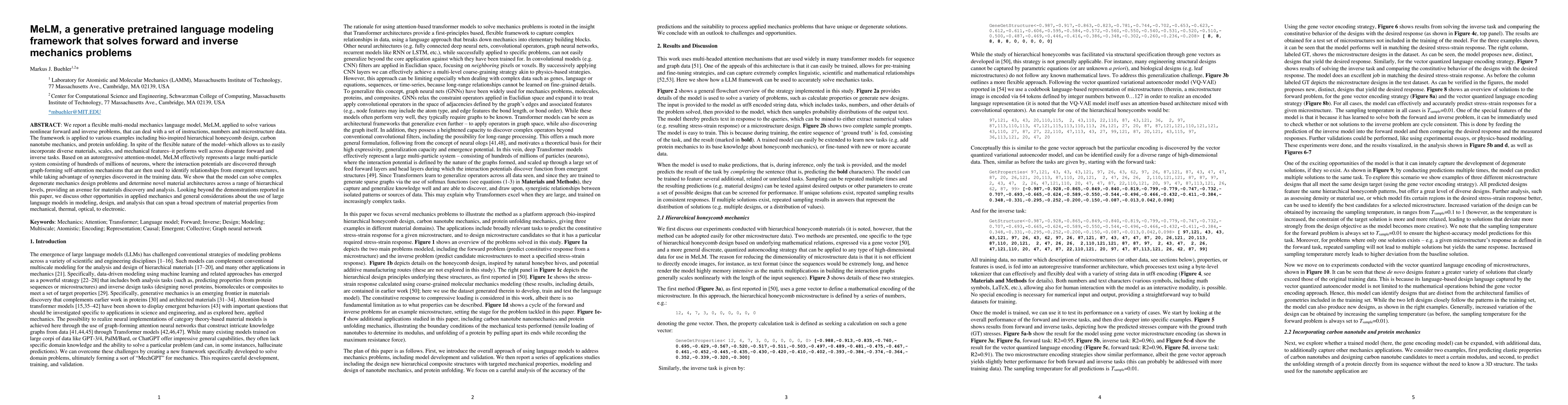 Thumbnail for MeLM, a generative pretrained language modeling framework that solves
  forward and inverse mechanics problems