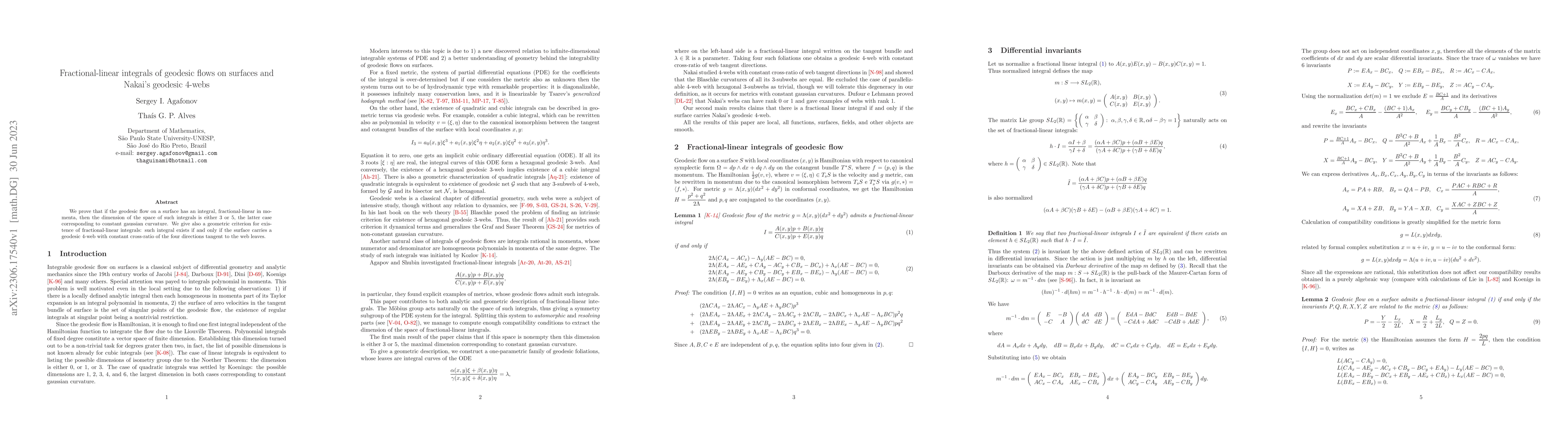 Thumbnail for Fractional-linear integrals of geodesic flows on surfaces and Nakai's
  geodesic 4-webs