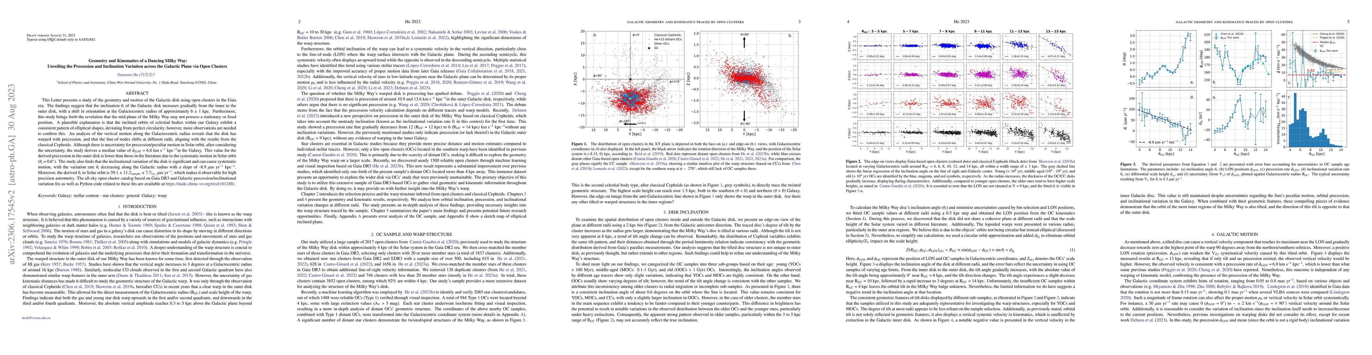 Thumbnail for Geometry and Kinematics of a Dancing Milky Way: Unveiling the Precession
  and Inclination Variation across the Galactic Plane via Open Clusters