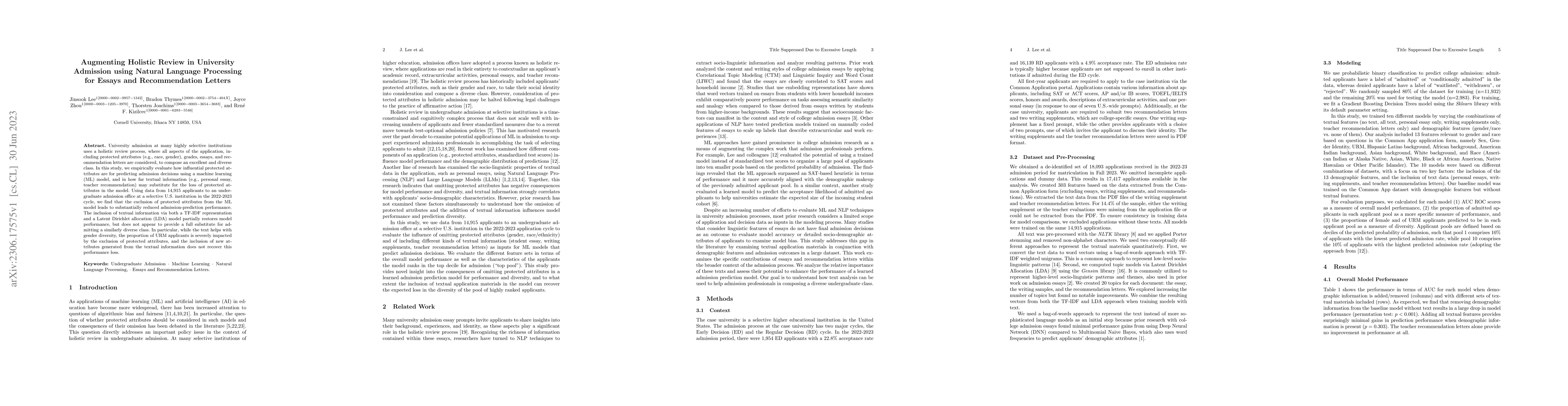 Thumbnail for Augmenting Holistic Review in University Admission using Natural
  Language Processing for Essays and Recommendation Letters