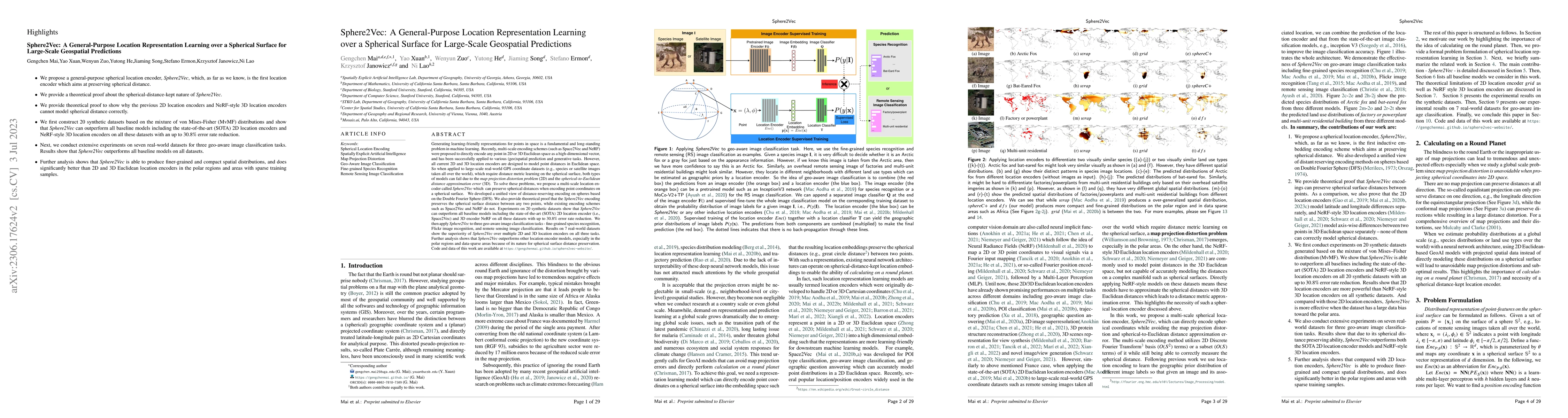 Thumbnail for Sphere2Vec: A General-Purpose Location Representation Learning over a
  Spherical Surface for Large-Scale Geospatial Predictions