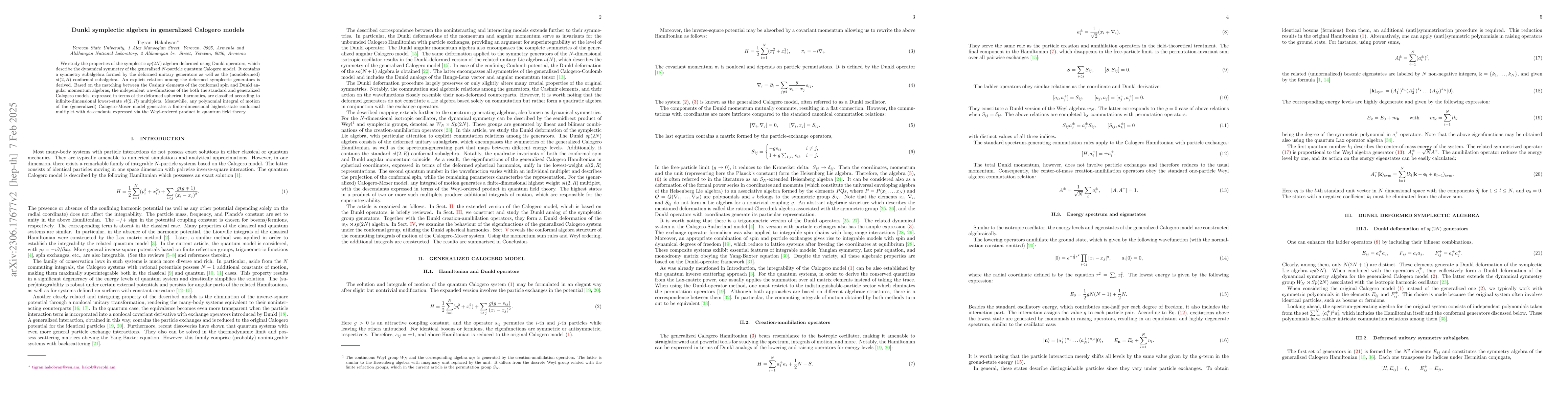 Thumbnail for Dunkl symplectic algebra in generalized Calogero models