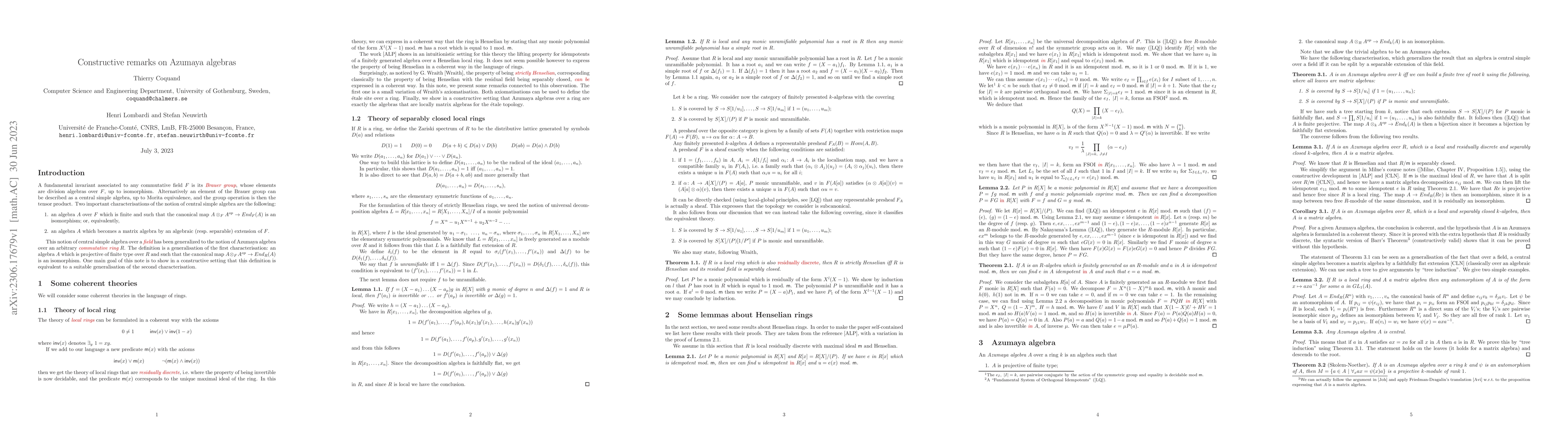 Thumbnail for Constructive Remarks on Azumaya Algebra