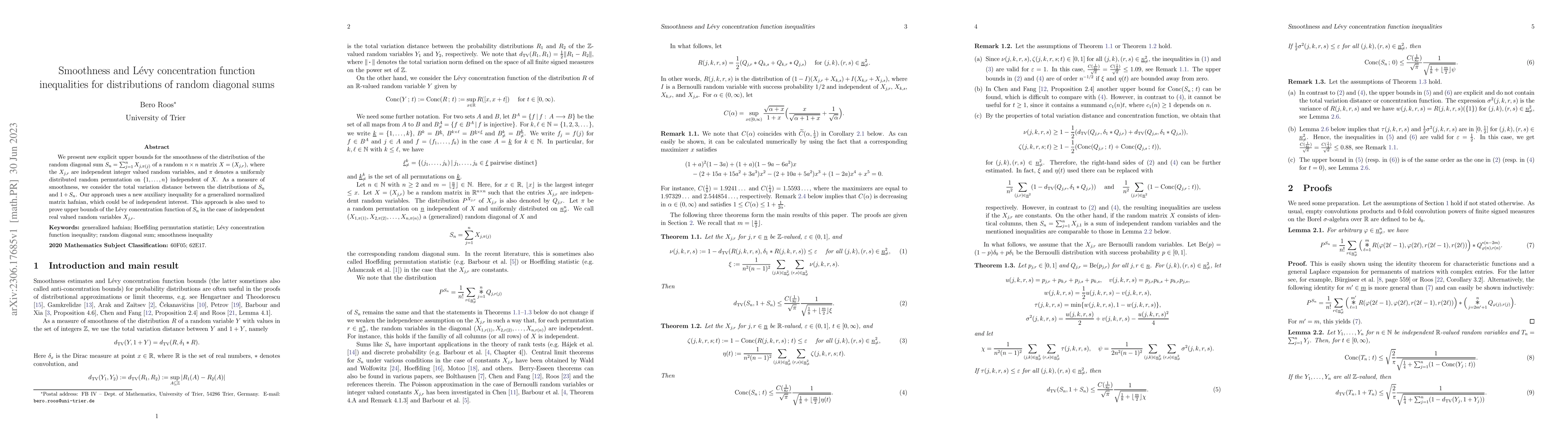 Thumbnail for Smoothness and L\'{e}vy concentration function inequalities for
  distributions of random diagonal sums
