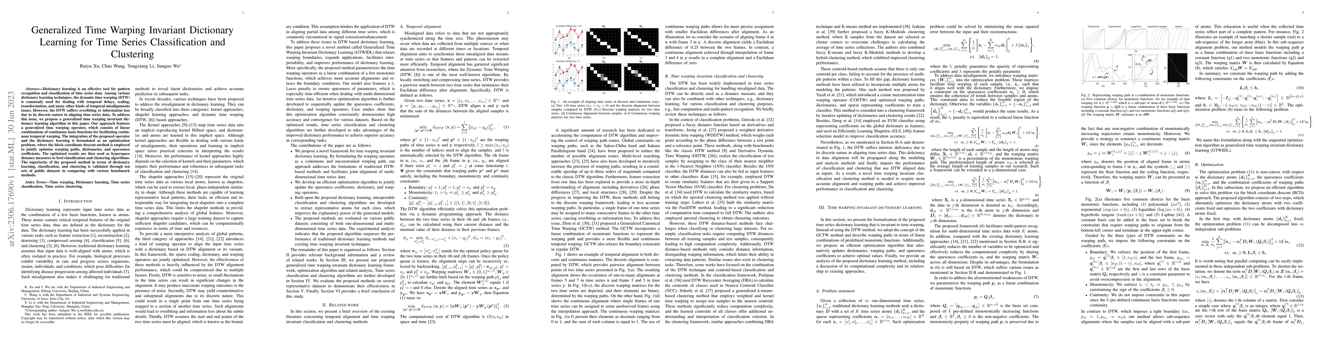 Thumbnail for Generalized Time Warping Invariant Dictionary Learning for Time Series
  Classification and Clustering