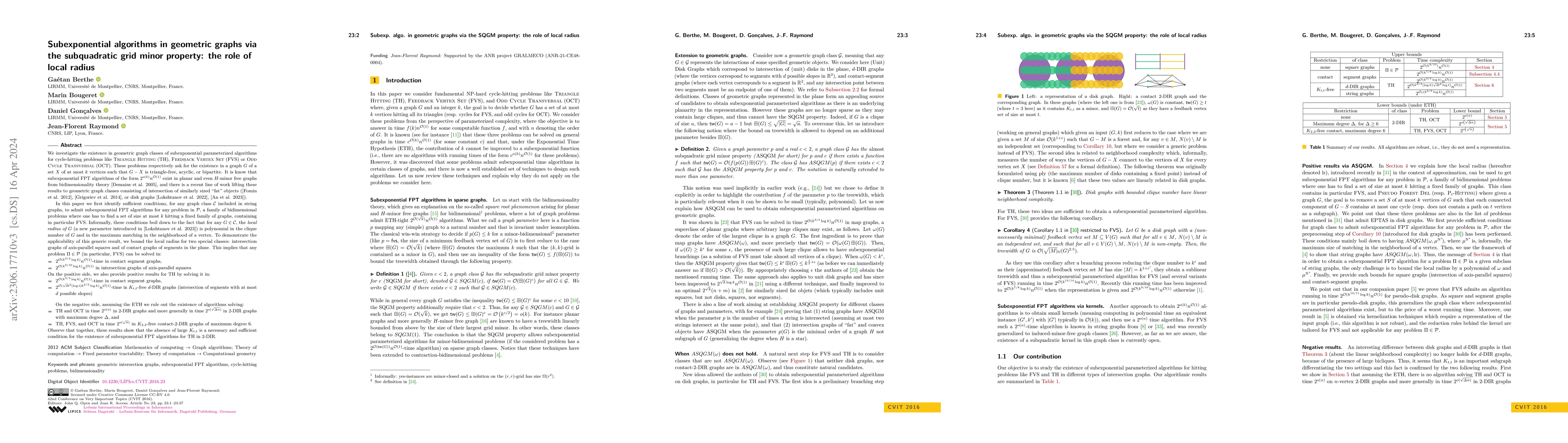 Thumbnail for Subexponential algorithms in geometric graphs via the subquadratic grid
  minor property: the role of local radius