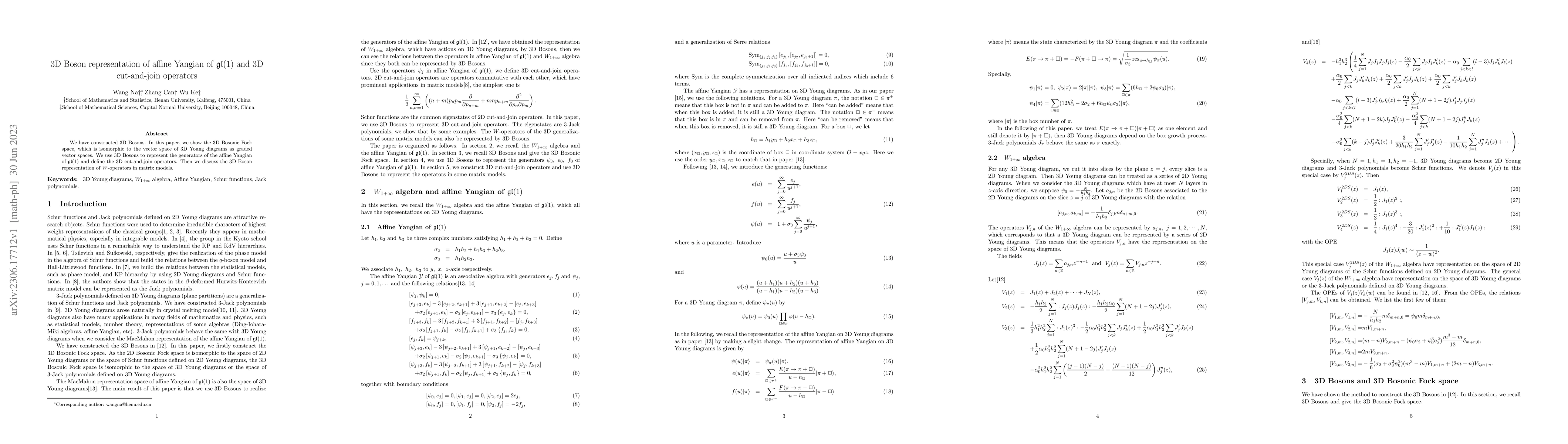 Thumbnail for 3D Boson representation of affine Yangian of ${\mathfrak{gl}}(1)$ and 3D
  cut-and-join operators