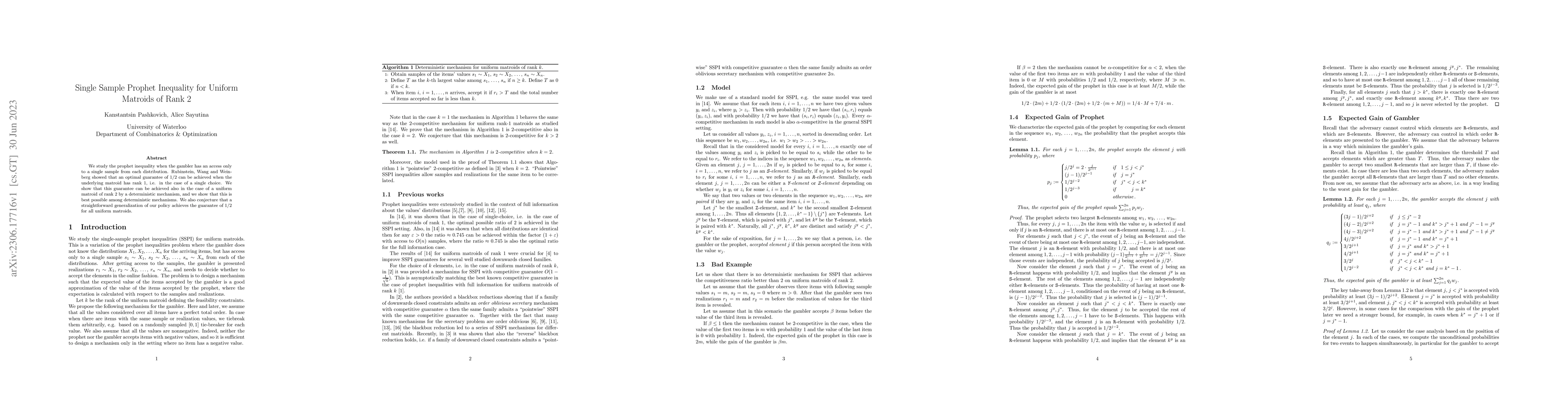 Thumbnail for Single Sample Prophet Inequality for Uniform Matroids of Rank 2