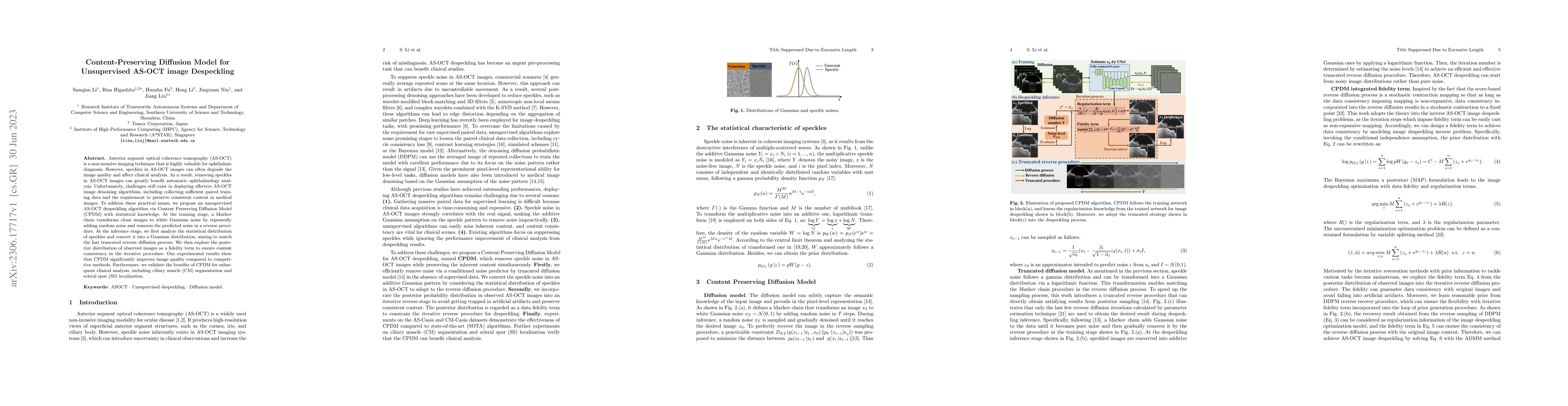 Thumbnail for Content-Preserving Diffusion Model for Unsupervised AS-OCT image
  Despeckling