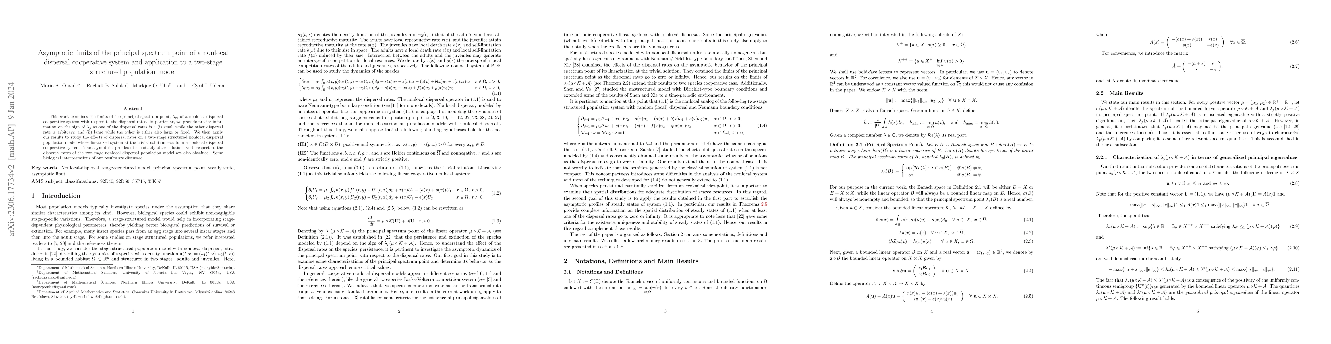 Thumbnail for Asymptotic limits of the principal spectrum point of a nonlocal
  dispersal cooperative system and application to a two-stage structured
  population model