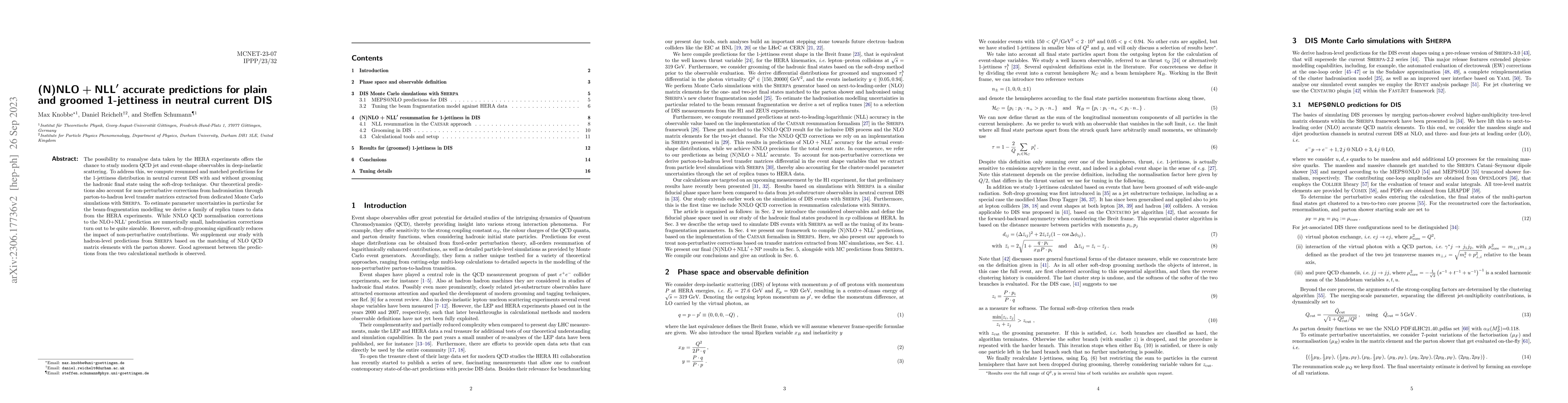 Thumbnail for (N)NLO+NLL' accurate predictions for plain and groomed 1-jettiness in
  neutral current DIS