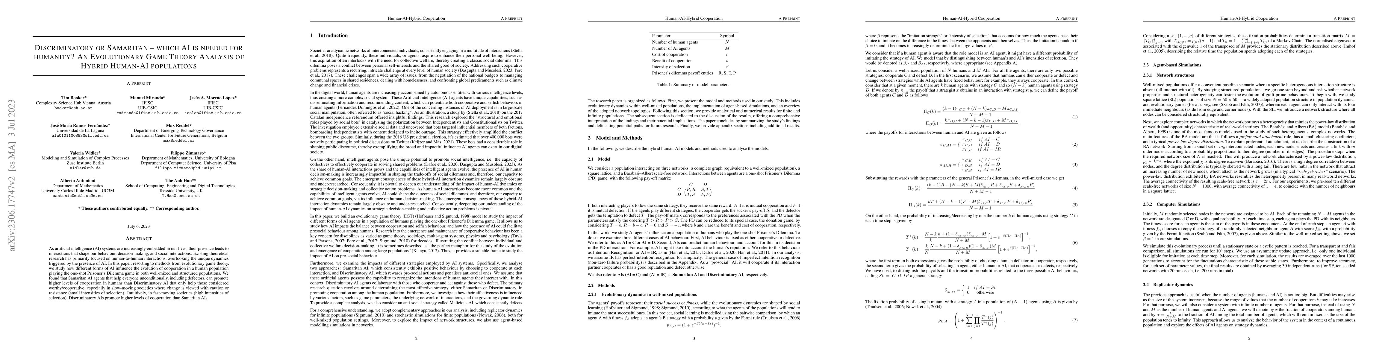 Thumbnail for Discriminatory or Samaritan -- which AI is needed for humanity? An
  Evolutionary Game Theory Analysis of Hybrid Human-AI populations
