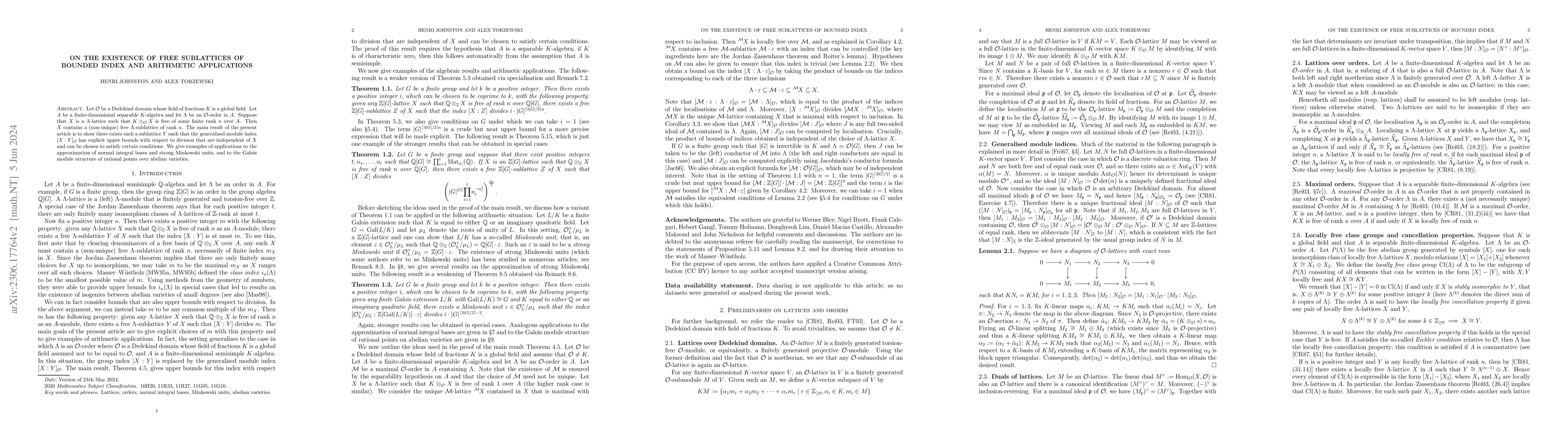 Thumbnail for On the existence of free sublattices of bounded index and arithmetic
  applications