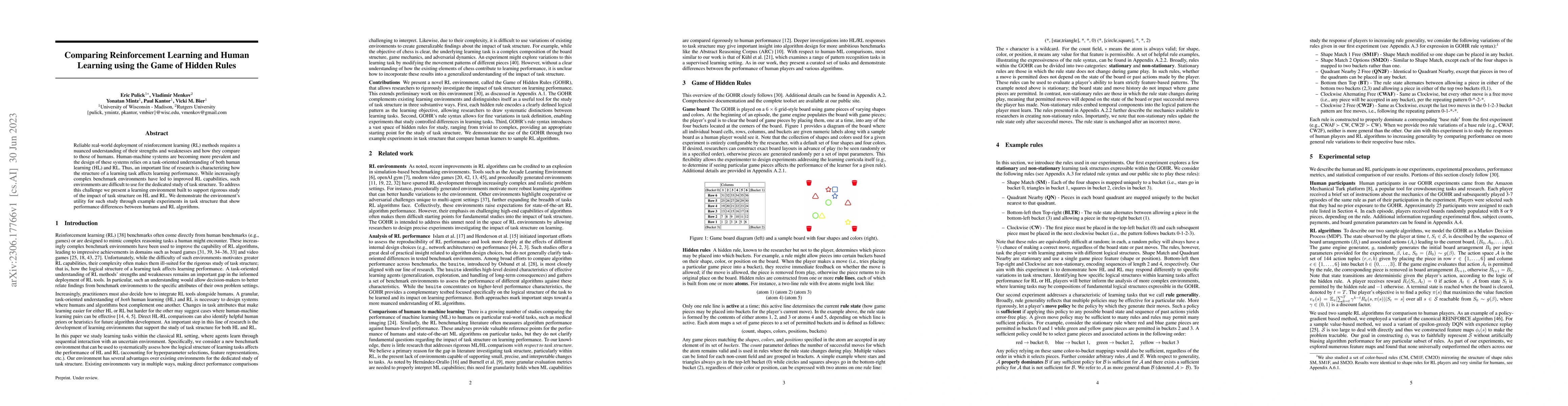 Thumbnail for Comparing Reinforcement Learning and Human Learning using the Game of
  Hidden Rules