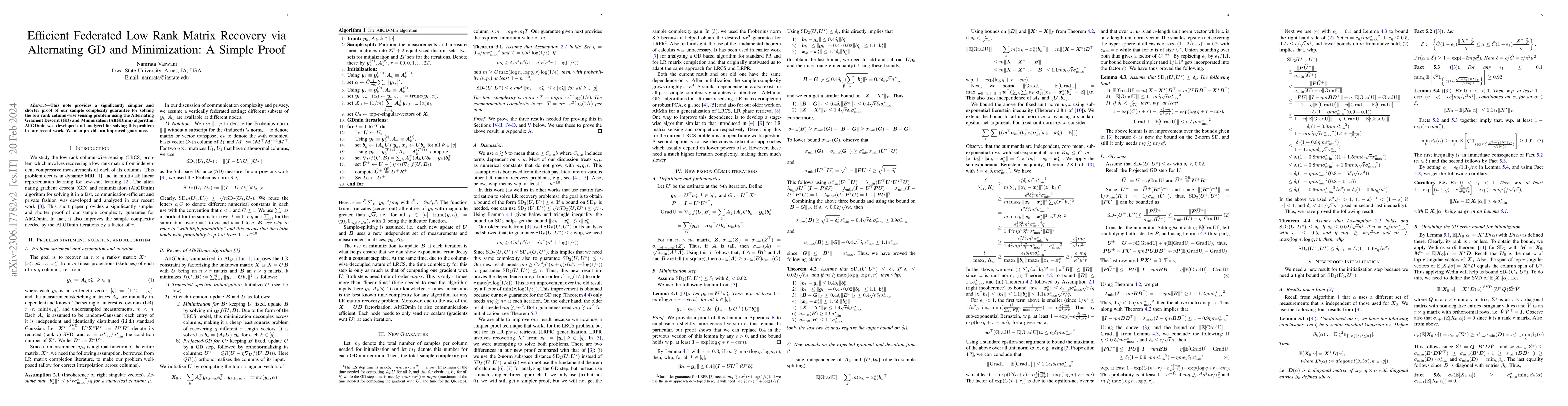 Thumbnail for Efficient Federated Low Rank Matrix Recovery via Alternating GD and
  Minimization: A Simple Proof