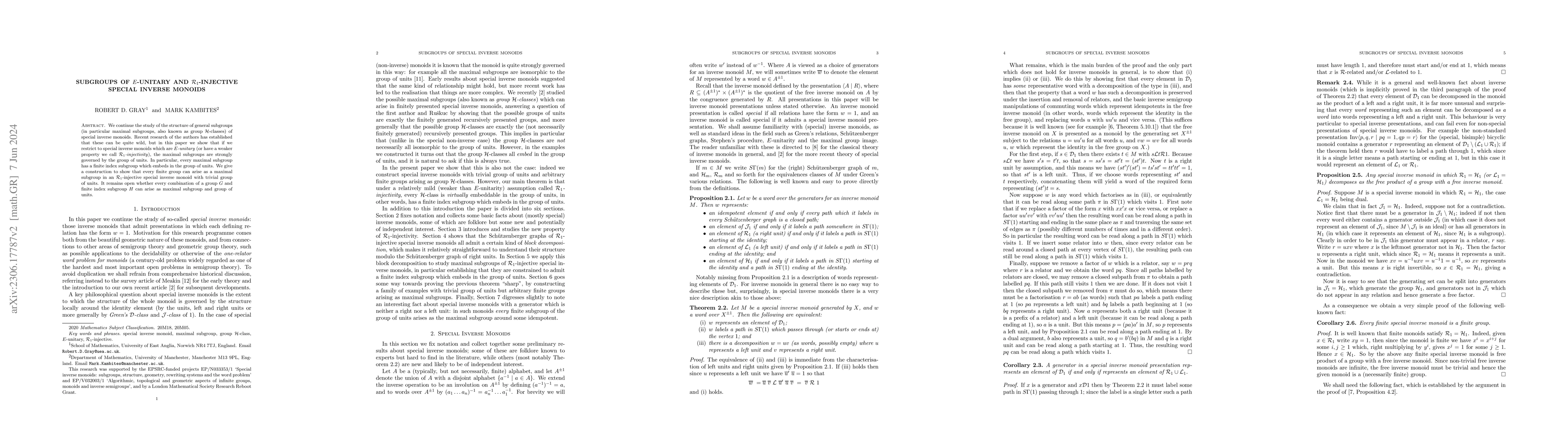 Thumbnail for Subgroups of $E$-unitary and $R_1$-injective special inverse monoids
