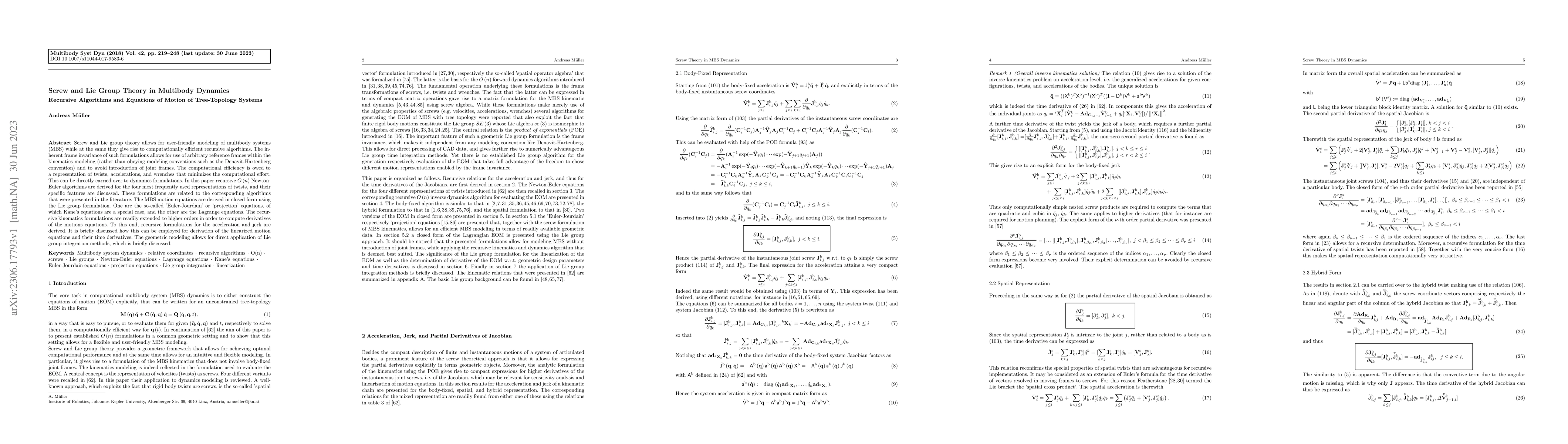 Thumbnail for Screw and Lie Group Theory in Multibody Dynamics -- Recursive Algorithms
  and Equations of Motion of Tree-Topology Systems
