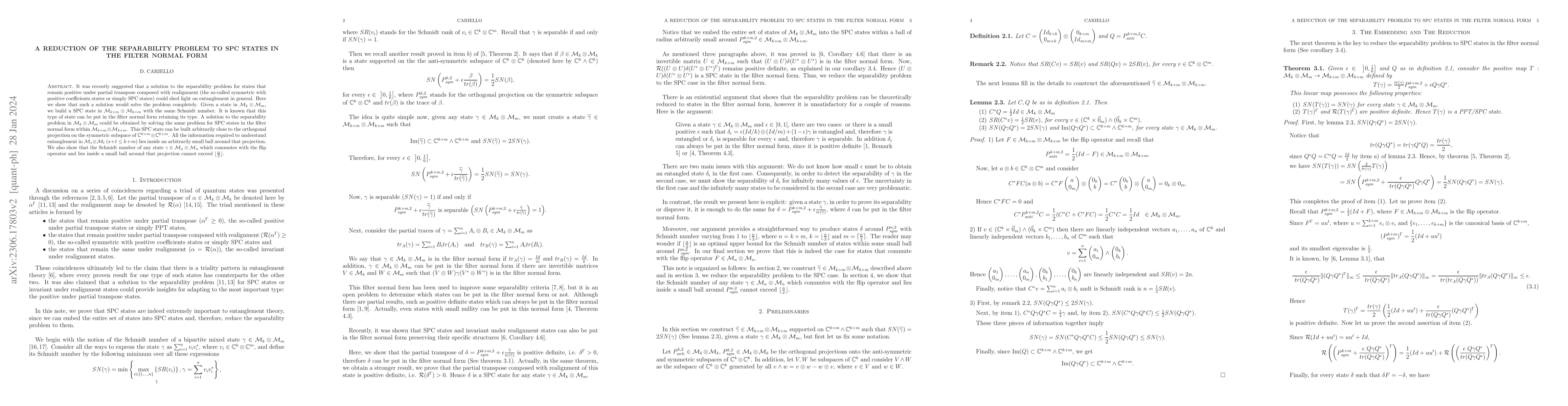 Thumbnail for A reduction of the separability problem to SPC states in the filter
  normal form