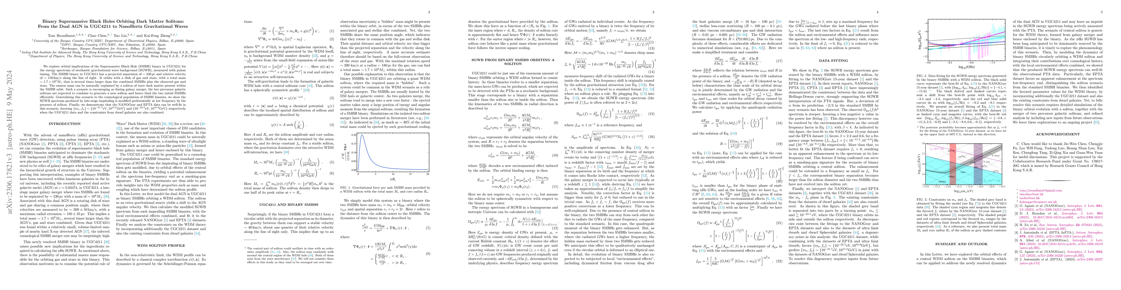 Thumbnail for Binary Supermassive Black Holes Orbiting Dark Matter Solitons: From the
  Dual AGN in UGC4211 to NanoHertz Gravitational Waves