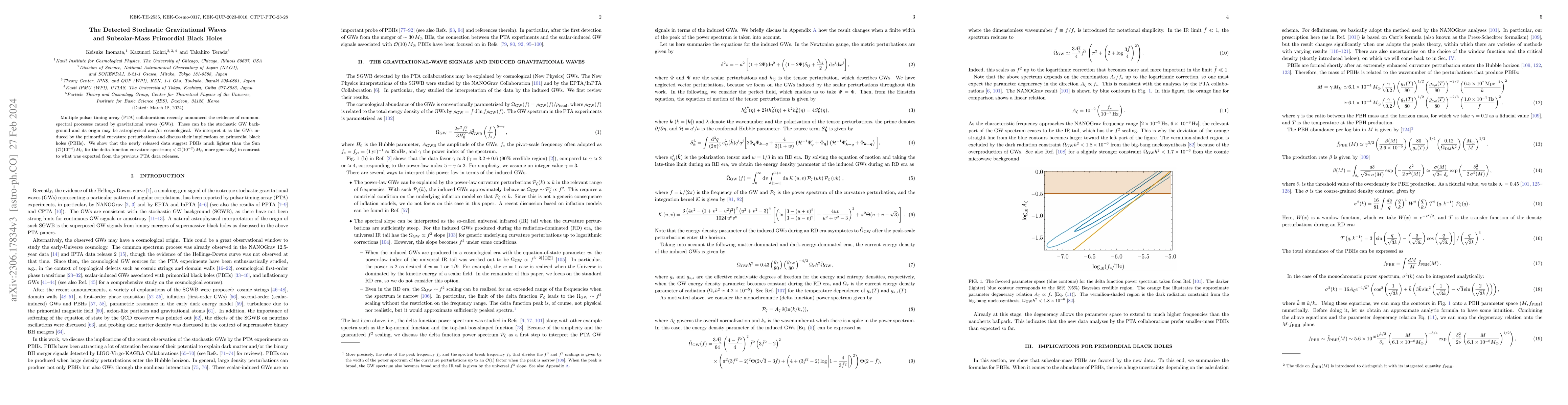 Thumbnail for The Detected Stochastic Gravitational Waves and Subsolar-Mass Primordial
  Black Holes