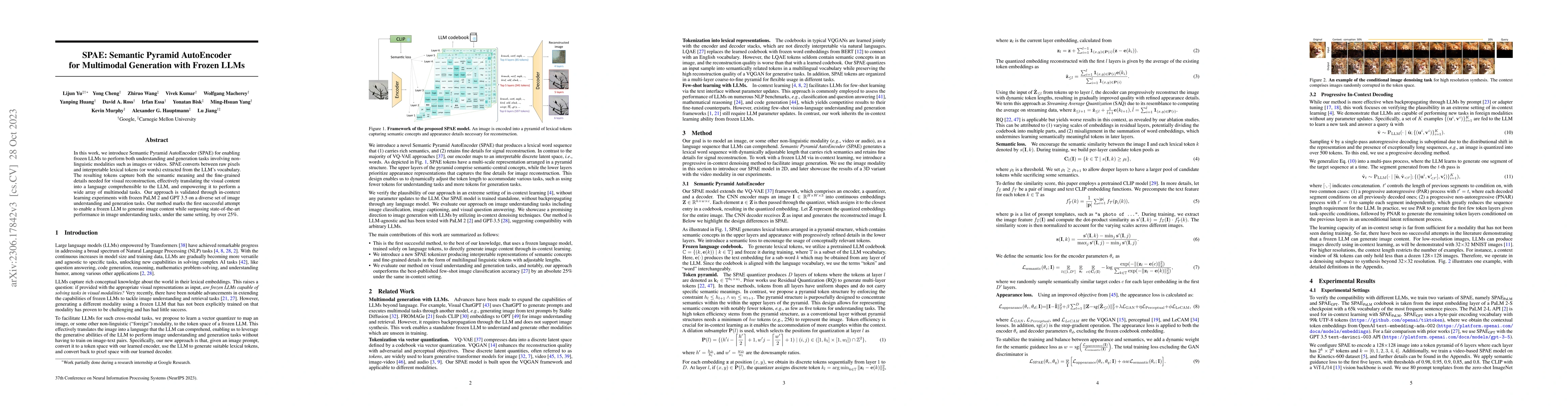 Thumbnail for SPAE: Semantic Pyramid AutoEncoder for Multimodal Generation with Frozen
  LLMs