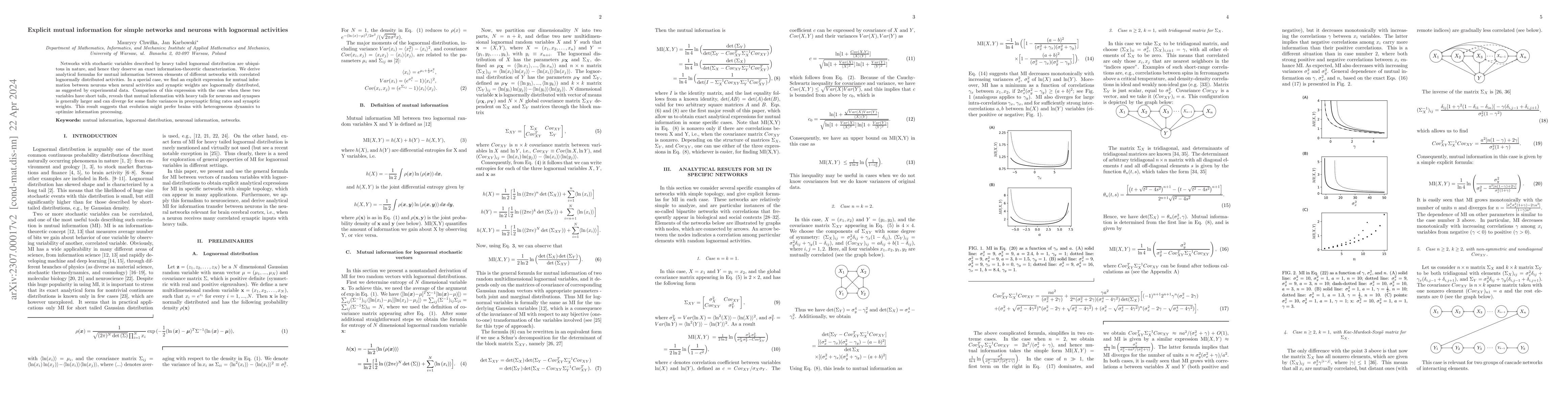 Thumbnail for Explicit mutual information for simple networks and neurons with
  lognormal activities