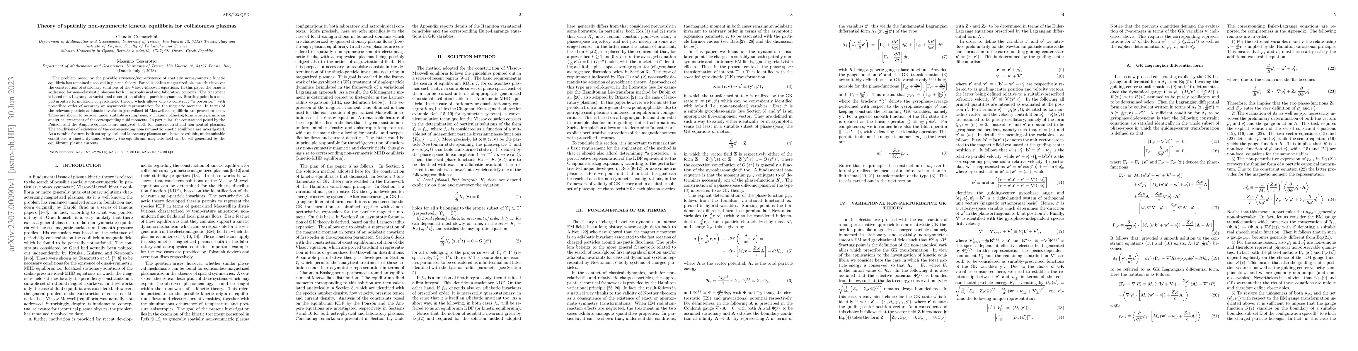 Thumbnail for Theory of spatially non-symmetric kinetic equilibria for collisionless
  plasmas