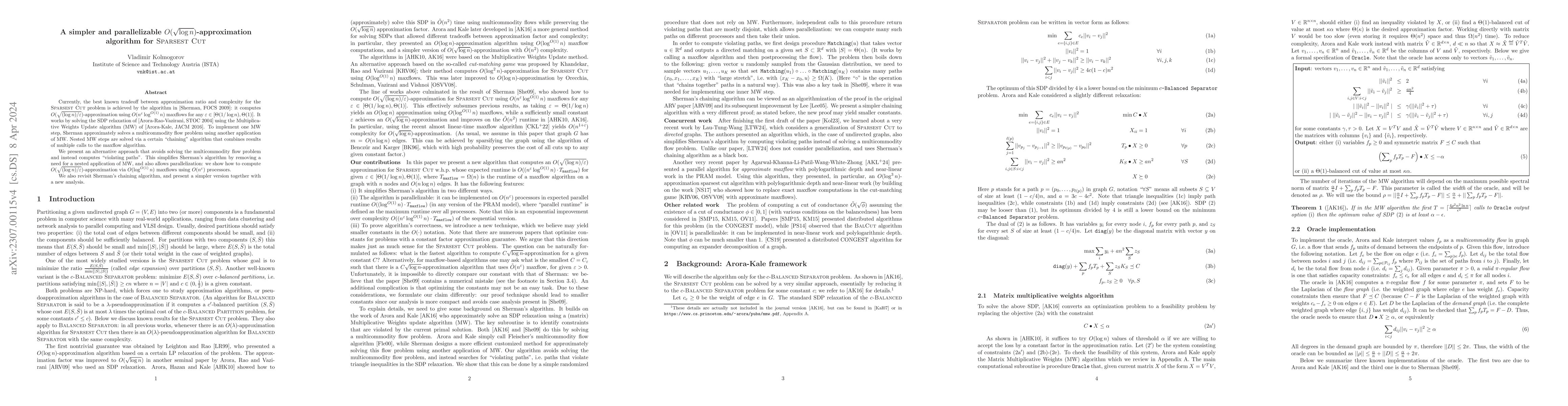 Thumbnail for A simpler and parallelizable $O(\sqrt{\log n})$-approximation algorithm
  for Sparsest Cut