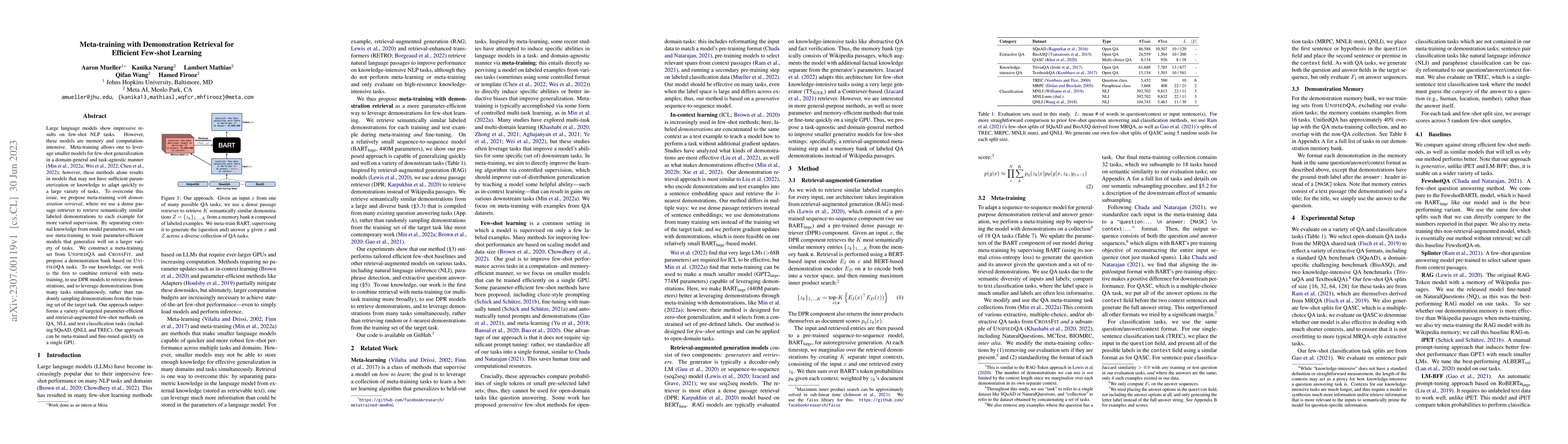 Thumbnail for Meta-training with Demonstration Retrieval for Efficient Few-shot
  Learning