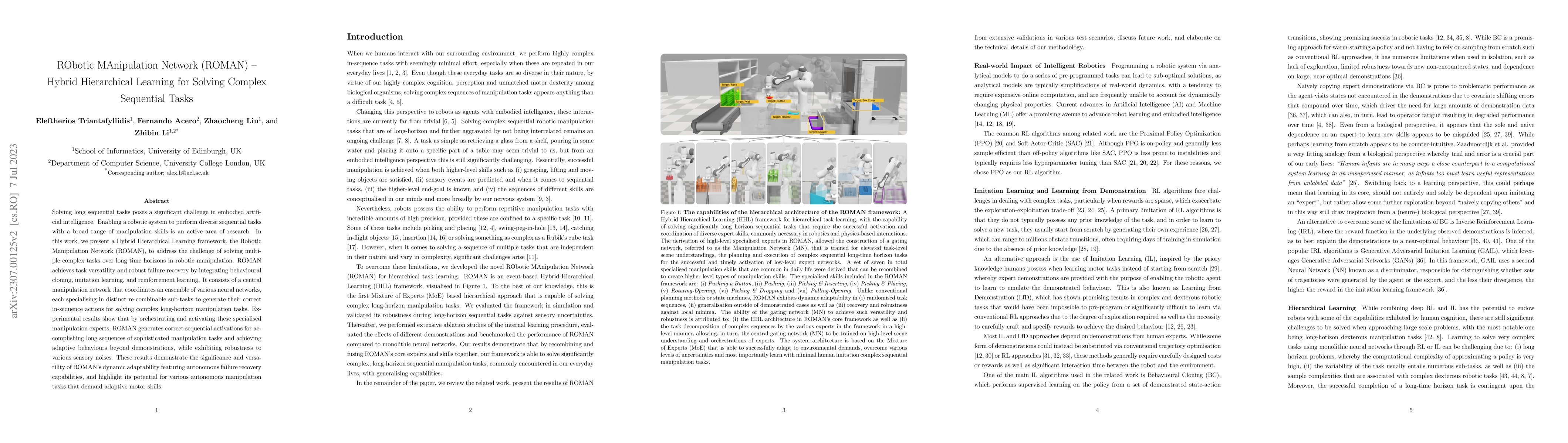Thumbnail for RObotic MAnipulation Network (ROMAN) $\unicode{x2013}$ Hybrid
  Hierarchical Learning for Solving Complex Sequential Tasks