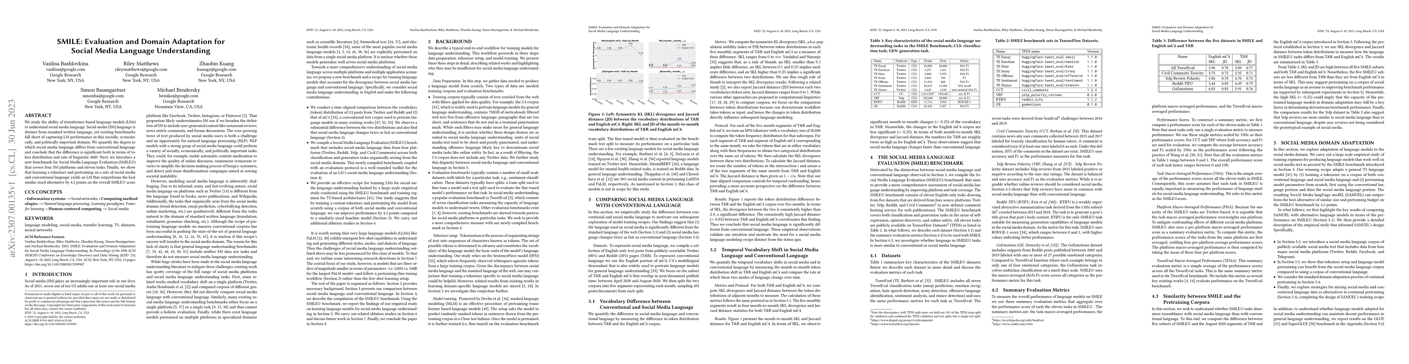 Thumbnail for SMILE: Evaluation and Domain Adaptation for Social Media Language
  Understanding