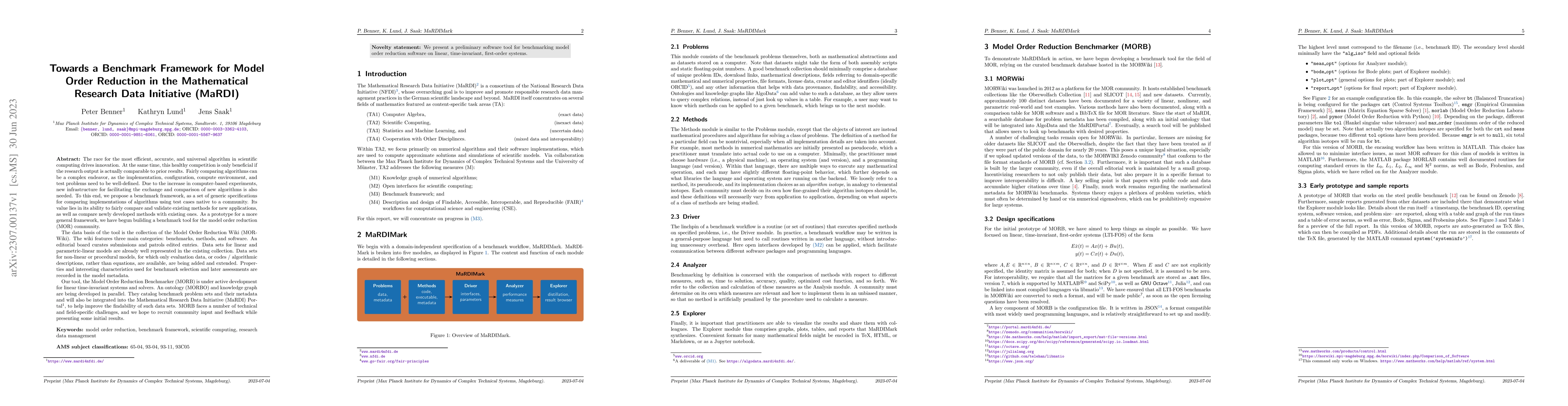 Thumbnail for Towards a Benchmark Framework for Model Order Reduction in the
  Mathematical Research Data Initiative (MaRDI)
