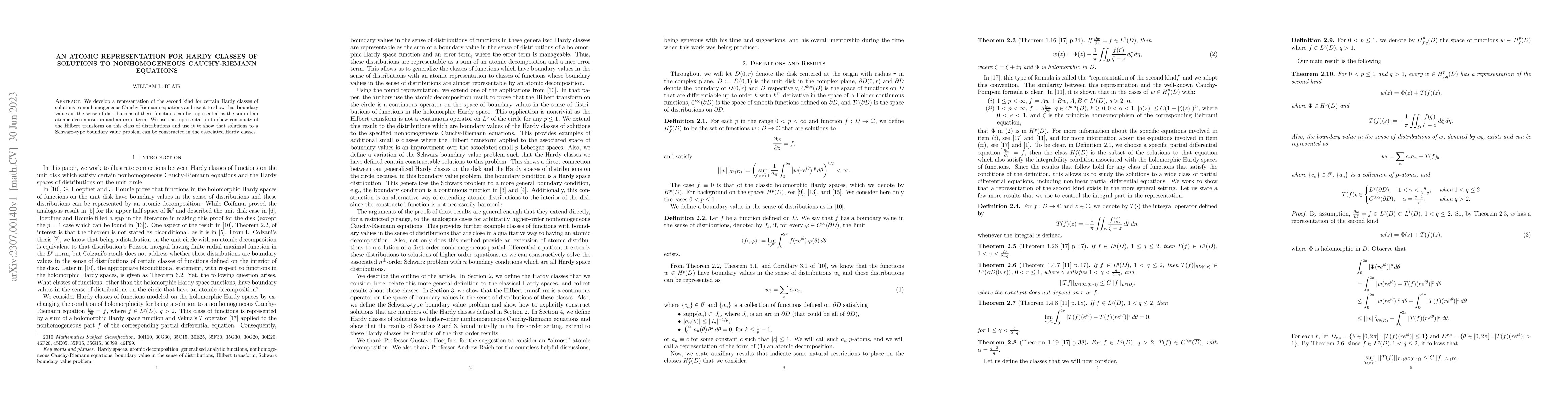 Thumbnail for An atomic representation for Hardy classes of solutions to
  nonhomogeneous Cauchy-Riemann equations