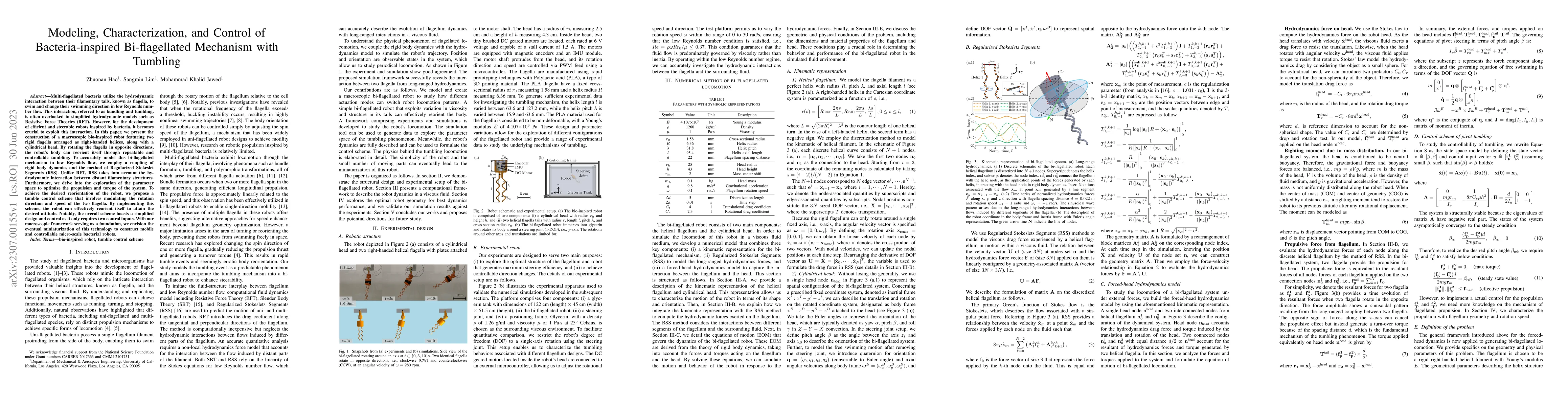 Thumbnail for Modeling, Characterization, and Control of Bacteria-inspired
  Bi-flagellated Mechanism with Tumbling
