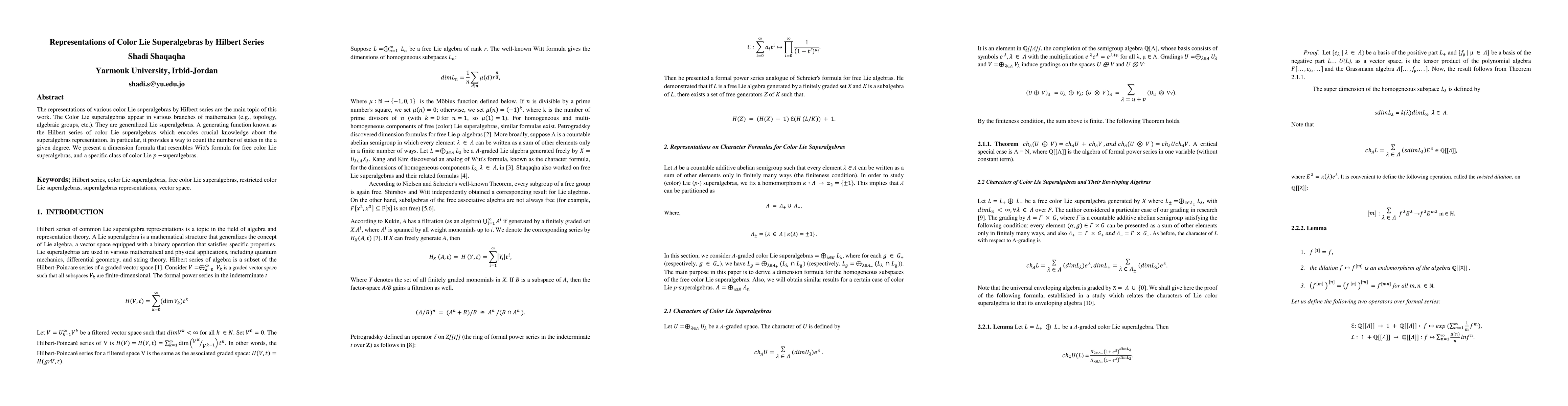 Thumbnail for Representations of Color Lie Superalgebras by Hilbert Series