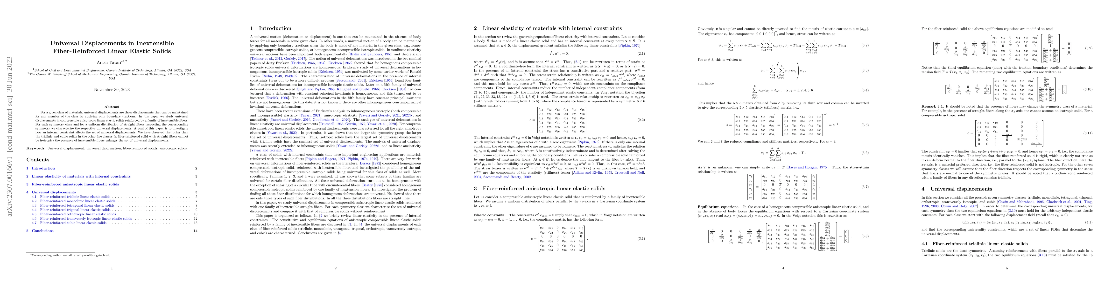 Thumbnail for Universal Displacements in Inextensible Fiber-Reinforced Linear Elastic
  Solids