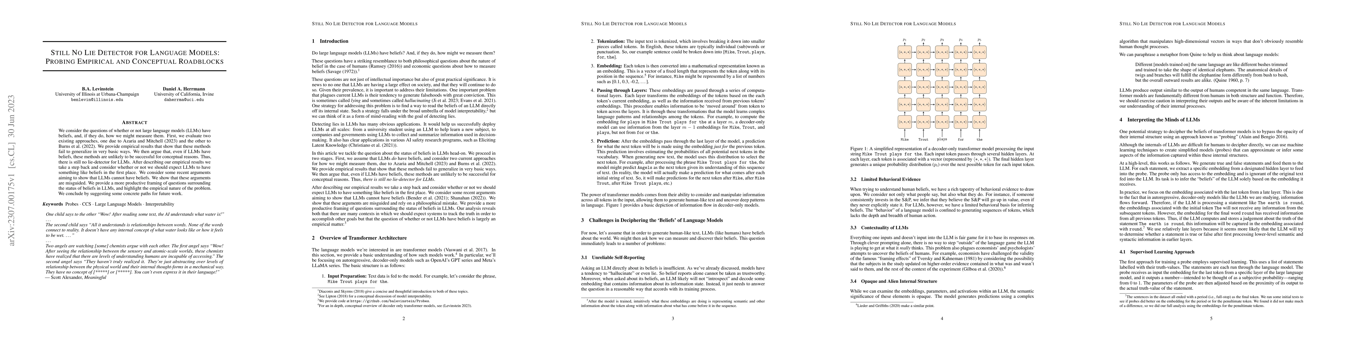 Thumbnail for Still No Lie Detector for Language Models: Probing Empirical and
  Conceptual Roadblocks