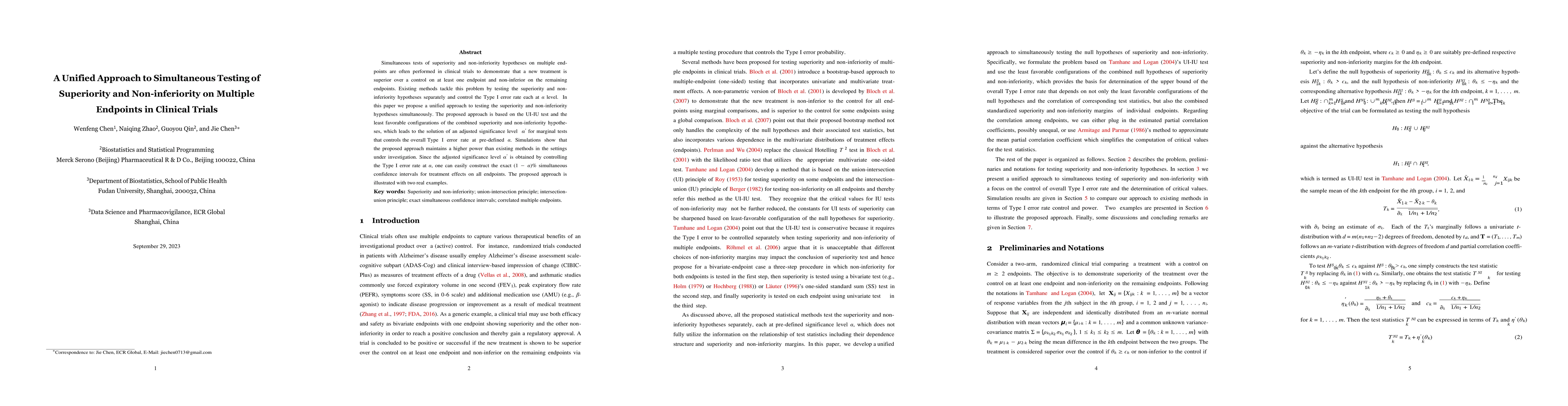 Thumbnail for A Direct Approach to Simultaneous Tests of Superiority and
  Noninferiority with Multiple Endpoints