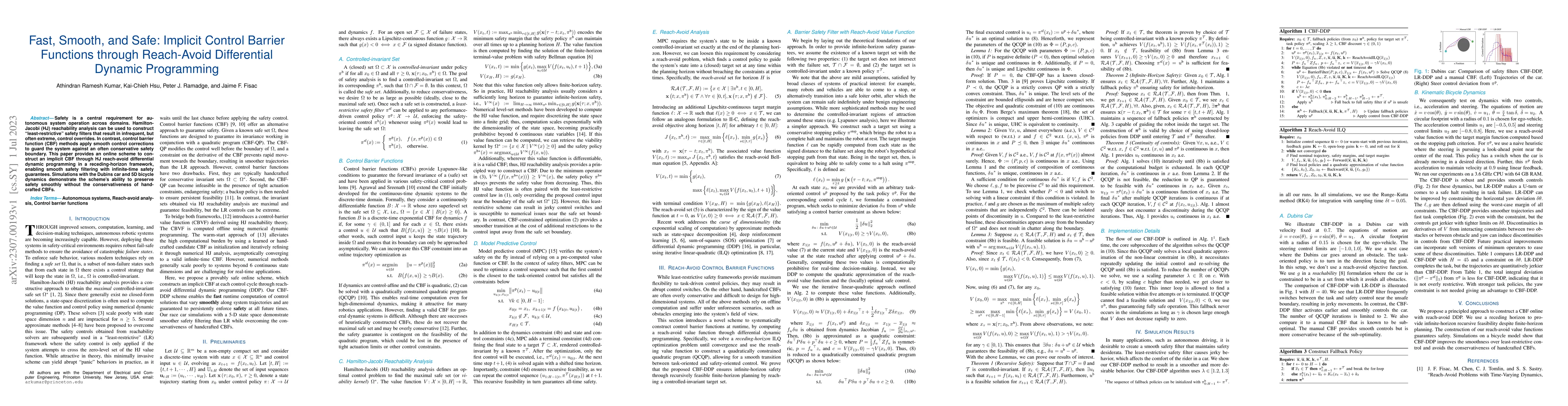 Thumbnail for Fast, Smooth, and Safe: Implicit Control Barrier Functions through
  Reach-Avoid Differential Dynamic Programming